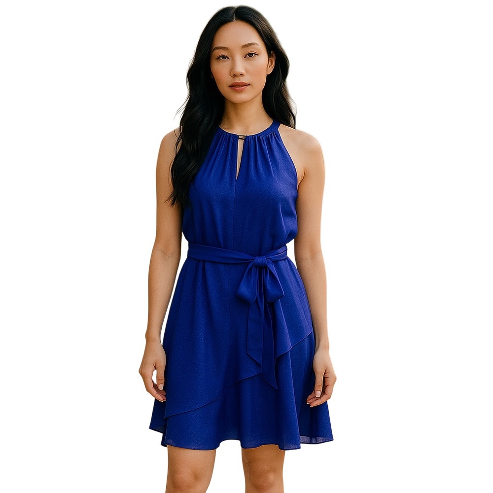 TAHARI Sparkling Blue Belted Ruffle Dress Size 10 – Elegant Party Cocktail